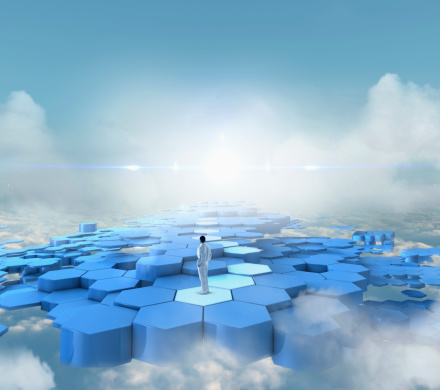 Mixed Race Businessman On Floating Platform Picture Id470621075