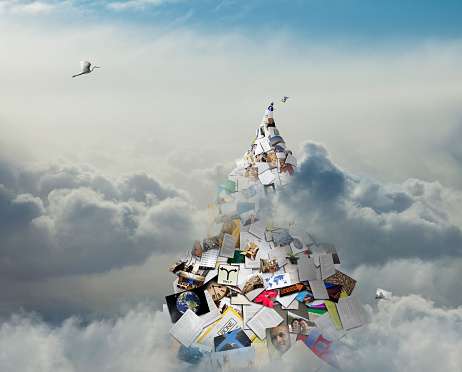 Bird Flying In Clouds Over Mountain Of Information Picture Id557475981