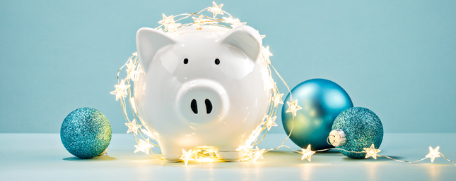 piggy bank wrapped in lights