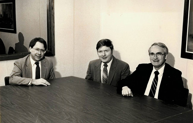 Tom, Dale Longfellow (left) and Ken Becker (center) at Rockwood Research in 1984.