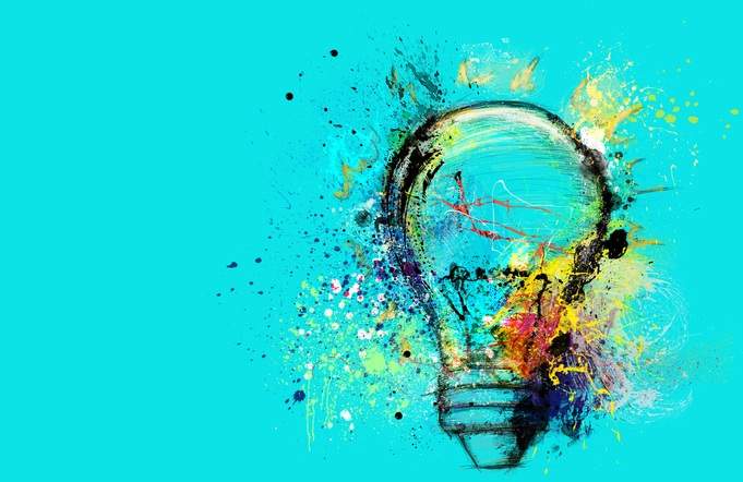 Stylized Light Bulb On Cyan Background Drawn With Splashes Of Colored Paint
