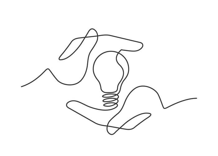 Continuous line drawing of lightbulb between two human hands as a symbol of ideas. 