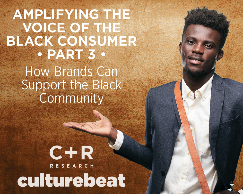 Text: Amplifying the voice of the black consumer part 3, how brands can support the Black community C and R research Culturebeat