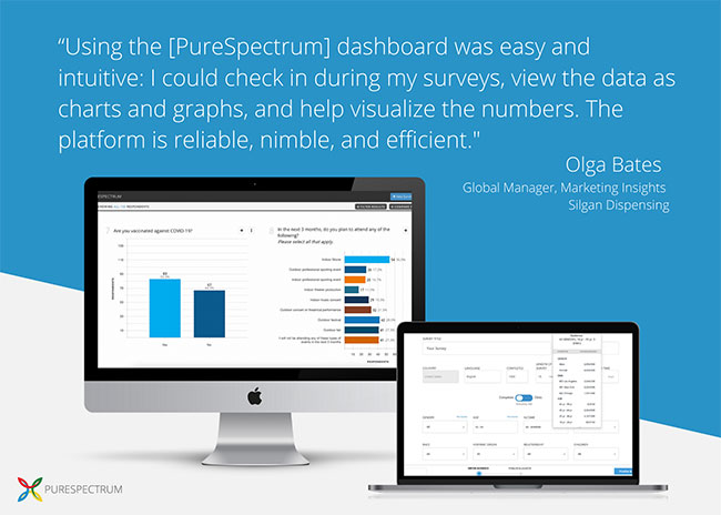 Using the [PureSpectrum] dashboard was easy and intuitive: I could check in during my surveys, view the data as charts and graphs, and help visualize the numbers. The platform is reliable, nimble, and efficient.