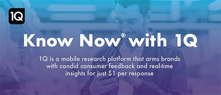 Blue and purple ombre image with the 1Q logo at the top right. The heading says Know Now with 1Q. The text says 1Q is a mobile research platform that arms brands with candid consumer feedback and real-time insights for just $1 per response