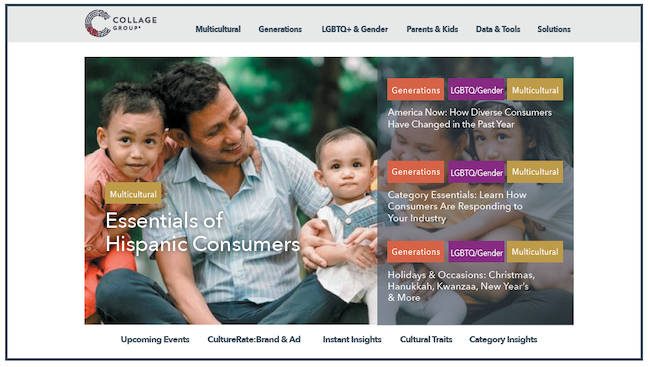 Collage Group website showing a family photo under the Essentials of Hispanic Consumers page.