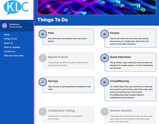 KLC things to do page with eight options including polls, forums, surveys and more.