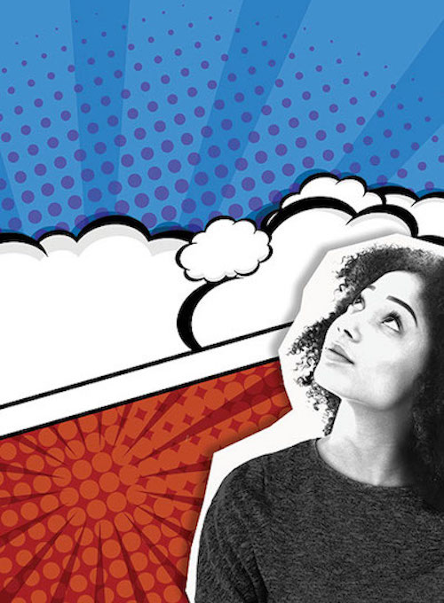 Blue, white and red comic sketch with a girl looking up at a text bubble.