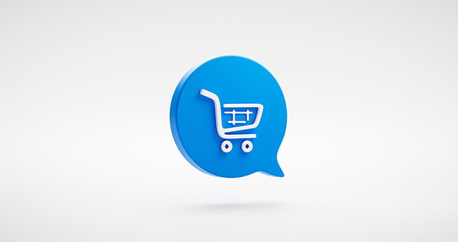 Blue text bubble with a shopping cart image.
