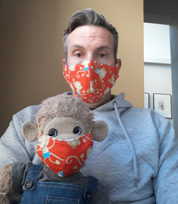 Dan Quirk and childhood monkey with face masks on 2020