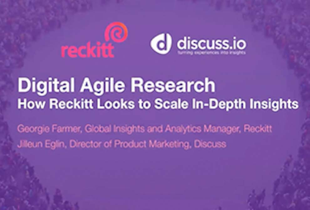Reckitt and Discuss.io's opening slide for their March webinar on digital agile research.
