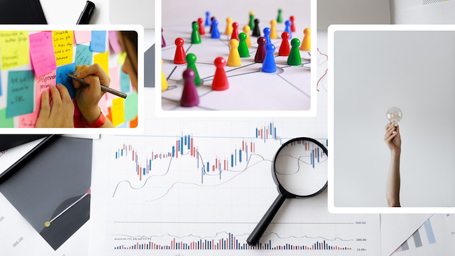 Evaluative Criteria collage image with post it notes, a hand holding a lightbulb and a magnifying glass on charts.