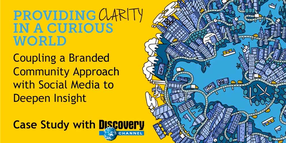 Toluna Discovery Channel Webinar Title Slide Yellow Background Blue World With Buildings Black Blue Text