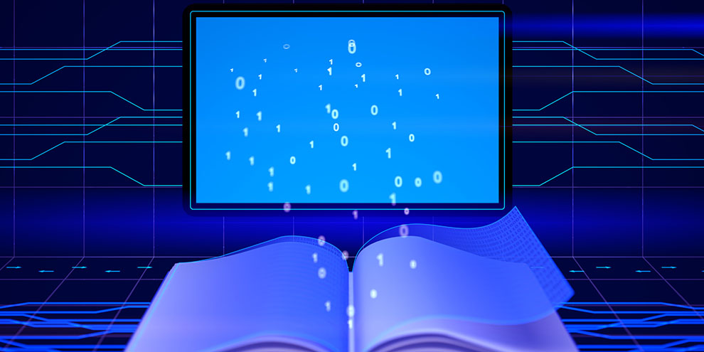 Data Flowing From Screen To Book Blue Hue