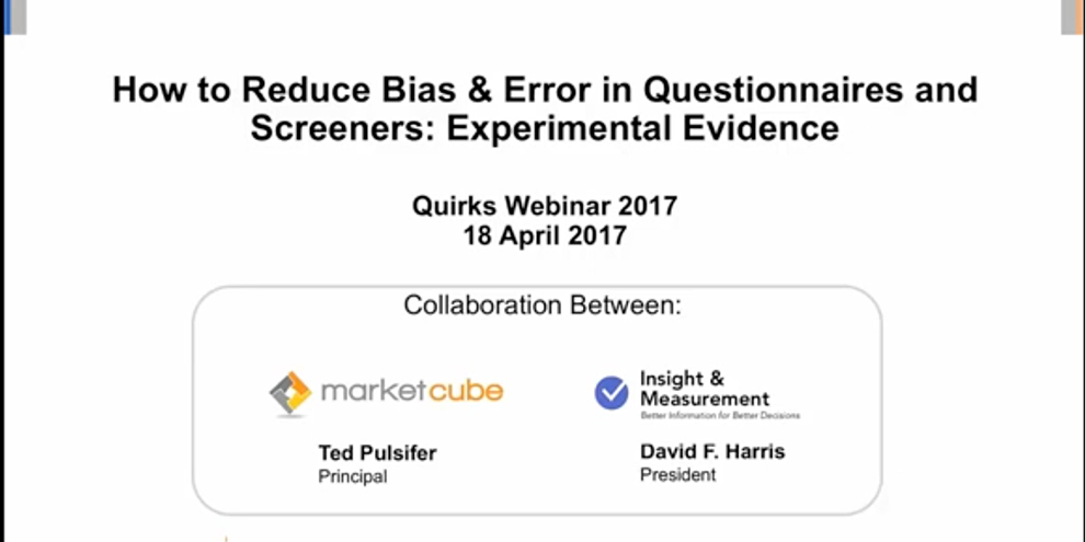 Marketcube Insights And Measurement Reducing Bias And Error In Questionnaires Screeners Webinar Title Slide