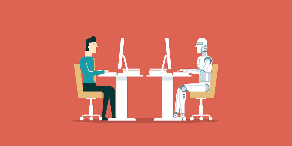 A cartoon image of a person looking at a computer monitor and a robot looking at a computer monitor. 