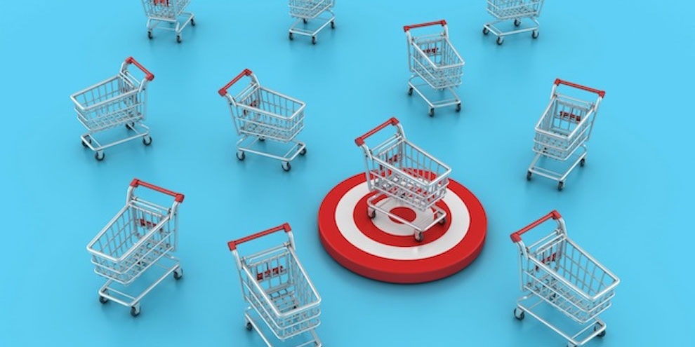 Shopping carts on a blue background with a shopping cart on a target.