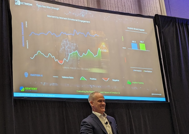 Aaron Reid from Sentient Decision Sciences on stage with his presentation behind him at the 2024 Quirk's Event – Dallas.