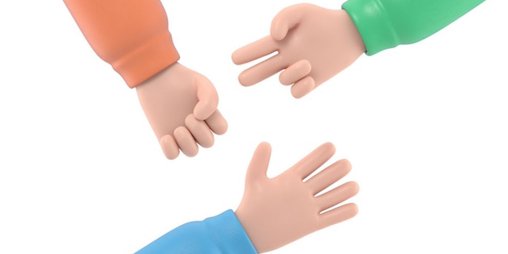 Three cartoon hands showing rock, paper and scissors.