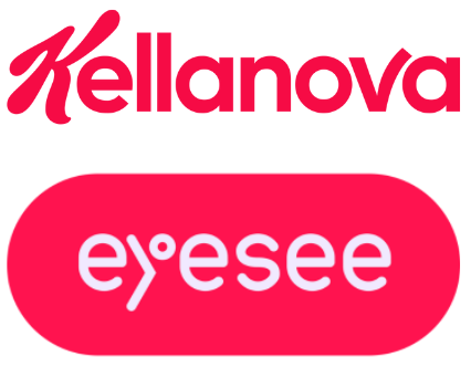 Kellanova and EyeSee logos stacked on top of each other. Kellanova’s logo is above EyeSee’s in red text. EyeSee’s logo is a circular shape with EyeSee written in lowercase white text.