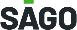SAGO logo. SAGO written out in black, all caps, block letters with a green line over the ‘a.’