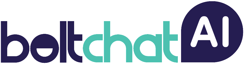 BoltChatAI logo. The name of the company is written in sentence case with no spaces. “Bolt” is written in a dark blue text, “chat” is written in a light blue text and AI is written within a dark blue speech bubble in white text.
