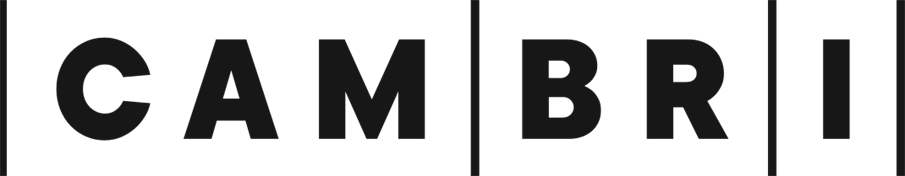 Cambri logo in all black. Starts with a line on the left side then the letters “CAM” in all capital letters, a line, letters “BR”, a line, the letter “I” and ends with another line.