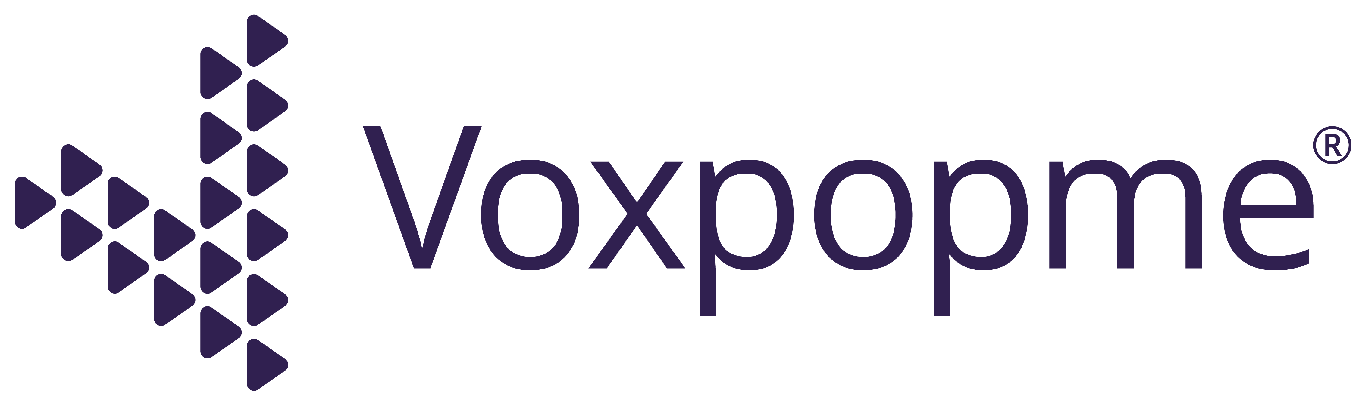 Voxpopme logo. On the left a “V” made of small triangles. To the left of that Voxpopme is spelt out in purple.