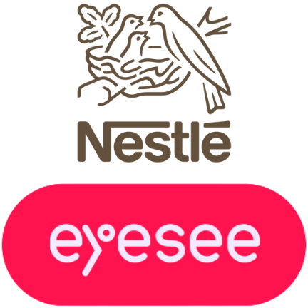 The Nestlé logo above the EyeSee logo. Nestlé’s logo is brown with the company name at the bottom and above are three birds in a nest. EyeSee’s logo is a pink circular-rectangle with the company name in the middle in white.
