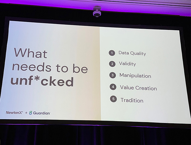 Session slide image. All text that lists the five key challenges facing the market research industry.