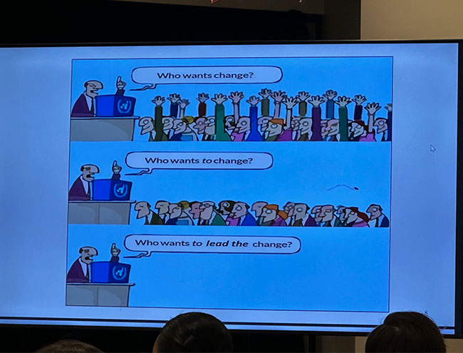 Image of a slide with comic strips on it with three different ways of asking about change.