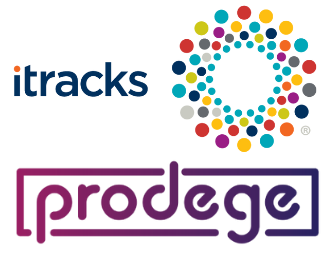 itracks logo to the left of the Prodege logo. In blue with the dot on the eye in orange itracks is written out next to a circle made of various size and colored balls. Prodege is written in puple, lower-case letter with a purple box around it.