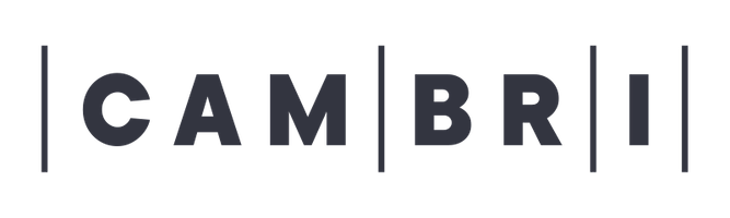 Cambri logo. The letters “C,” A,” and “M” are between two black lines. Then “B” and “R” are between two lines and finally the letter “I” is between two lines.