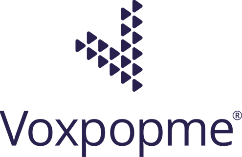 Voxpopme stacked logo. A ‘V’ made out of sold purple triangles above the word “Voxpopme” written in sentence case, blue text.