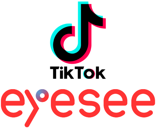 TikTok logo stack onto of the EyeSee logo. A cursive lowercase ‘t’ in black but outlined in a blue and red color with the words TikTok in bold black lettering underneath. “Eyesee” is written in red, lowercase letters. The upper right line of the why has a half blue half red circle in it.