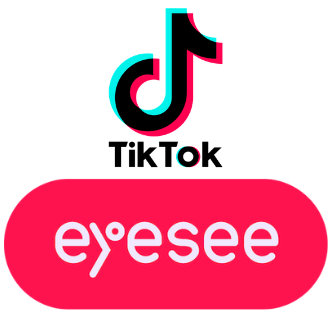 TikTok logo stack onto of the EyeSee logo. A cursive lowercase ‘t’ in black but outlined in a blue and red color with the words TikTok in bold black lettering underneath. “Eyesee” is written in red, lowercase letters. The upper right line of the why has a half blue half red circle in it.