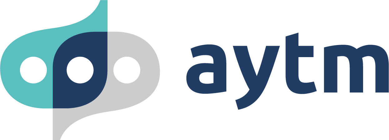 aytm logo. Two speech bubbles, one blue and one gray slightly overlapping. To the right, aytm is written in lower case, navy letters.