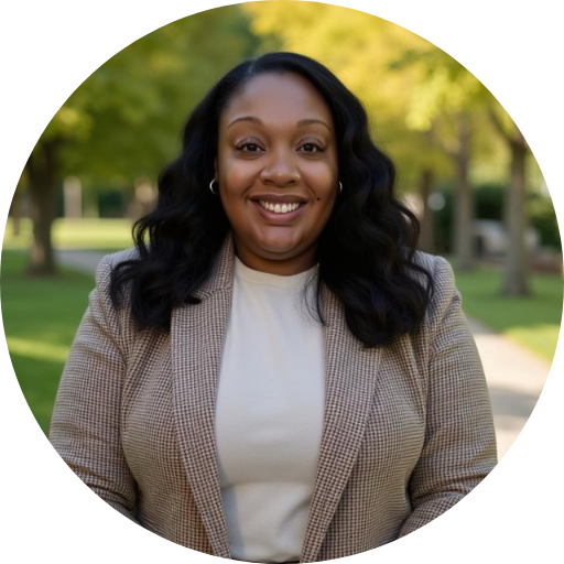 Alexis White’s circular headshot with an outdoor background.