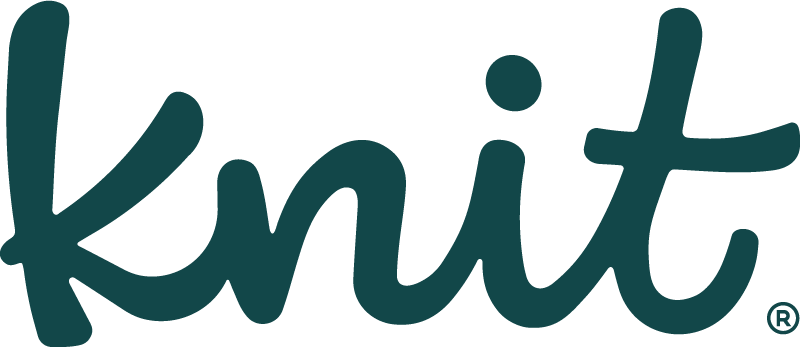 Knit’s logo. Knit is spelt out in turquoise, lowercase script.