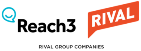 Rival Technologies and Reach3 logo. On the left, ‘Reach3’ is written in bold, black lettering with a blue speech bubble before the ‘R.’ On the right, ‘Rival’ is written in all capped, bolded and white lettering in a red square speech bubble. Under both, centered is black, capped text that reads “RIVAL GROUP COMPANIES.”