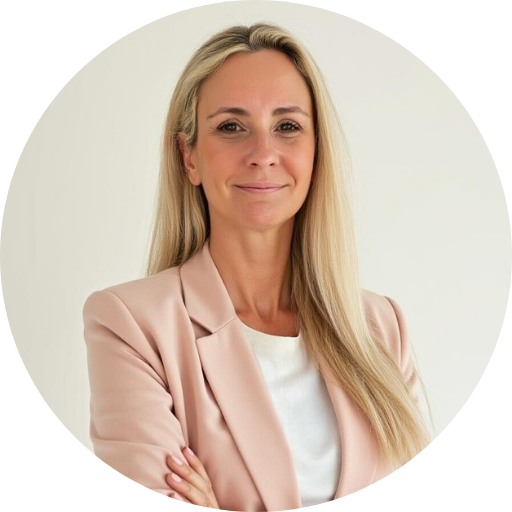 Patricia Chapin-Bayley's circular headshot on a cream background.