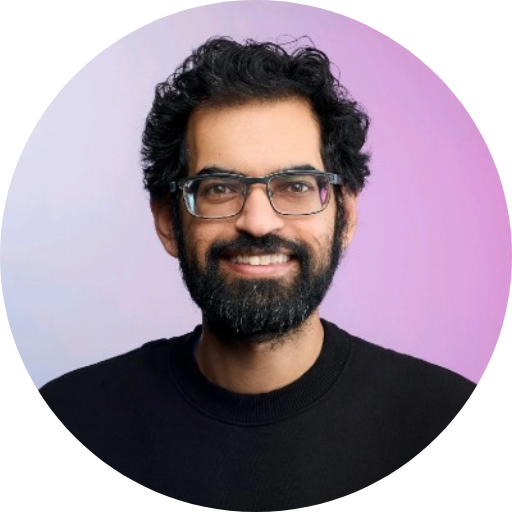 Adam Husein’s circular headshot on a gradient purple background.