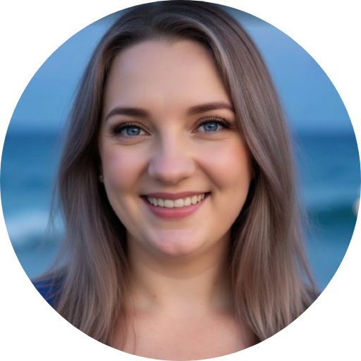 Lexi Breitz’s circular headshot with the ocean blurred in the background.